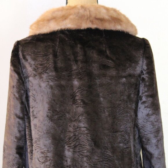 Vintage 60s Chocolate Brown Faux Fur Mink Collar 3/4 Sleeve Coat Women's M - Picture 4 of 16